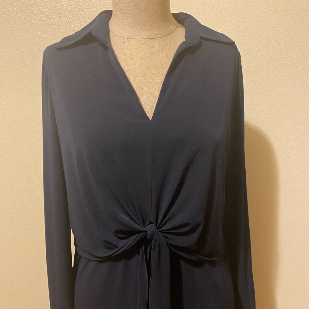 London Times Navy Long-Sleeve Tie-Waist Shirt Dress